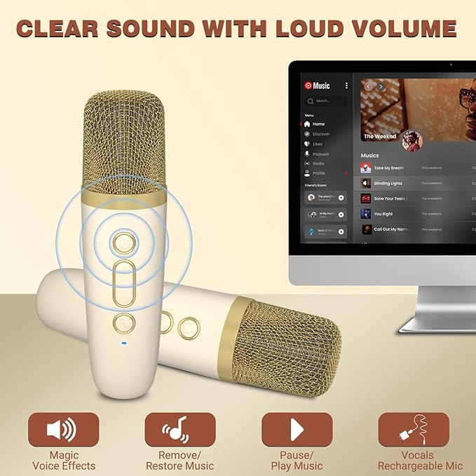 Mini Karaoke Machine with 2 Wireless Microphone,Bluetooth Speaker for Kids and Adults,Gifts for Girls and Boys 4, 5, 6, 7, 8, 9, 10 +Year Old Birthday Party Home (Beige)