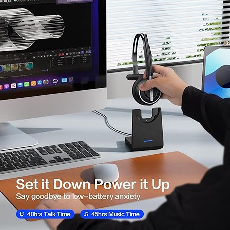 Bluetooth Headset, Wireless Headset with Microphone for PC, V5.2 Computer Headset with Noise Cancelling Mic, USB Dongle, Charging Base & Mute Button for Work, Cell Phones, Computer