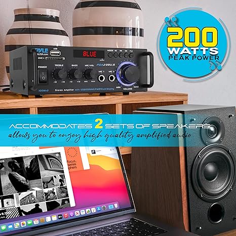 Stereo Power Amplifier 200 W Peak w/ Bluetooth Wireless, LED Display, Dual Channel Audio Stereo Receiver w/ RCA, USB, SD, MIC in, FM Radio, Perfect For Home Computer via RCA, PDA29BU.5