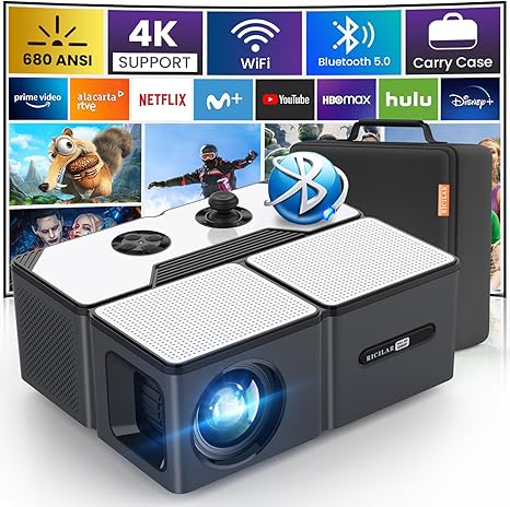 Projector with WiFi and Bluetooth, 5G Mini 1080P/ 4K Support Outdoor Movie Projector, 680 ANSI Ricilar Portable Home Theater Video Projector Compatible with Phone/ TV Stick/ USB (Screen not Included)