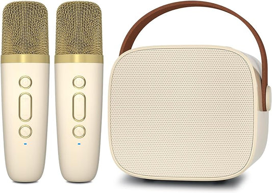 Mini Karaoke Machine with 2 Wireless Microphone,Bluetooth Speaker for Kids and Adults,Gifts for Girls and Boys 4, 5, 6, 7, 8, 9, 10 +Year Old Birthday Party Home (Beige)