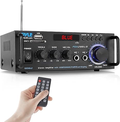Stereo Power Amplifier 200 W Peak w/ Bluetooth Wireless, LED Display, Dual Channel Audio Stereo Receiver w/ RCA, USB, SD, MIC in, FM Radio, Perfect For Home Computer via RCA, PDA29BU.5