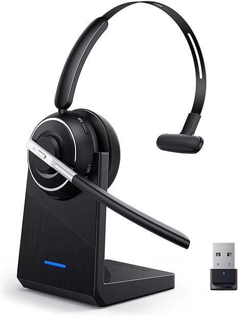 Bluetooth Headset, Wireless Headset with Microphone for PC, V5.2 Computer Headset with Noise Cancelling Mic, USB Dongle, Charging Base & Mute Button for Work, Cell Phones, Computer