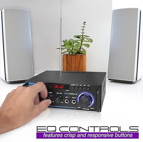 Stereo Power Amplifier 200 W Peak w/ Bluetooth Wireless, LED Display, Dual Channel Audio Stereo Receiver w/ RCA, USB, SD, MIC in, FM Radio, Perfect For Home Computer via RCA, PDA29BU.5