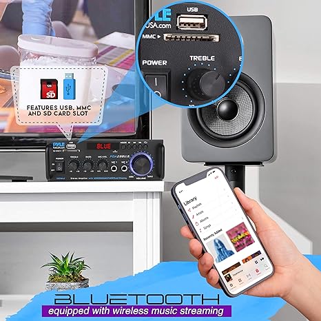 Stereo Power Amplifier 200 W Peak w/ Bluetooth Wireless, LED Display, Dual Channel Audio Stereo Receiver w/ RCA, USB, SD, MIC in, FM Radio, Perfect For Home Computer via RCA, PDA29BU.5