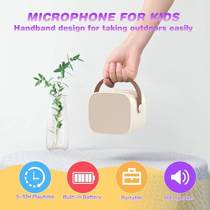Mini Karaoke Machine with 2 Wireless Microphone,Bluetooth Speaker for Kids and Adults,Gifts for Girls and Boys 4, 5, 6, 7, 8, 9, 10 +Year Old Birthday Party Home (Beige)